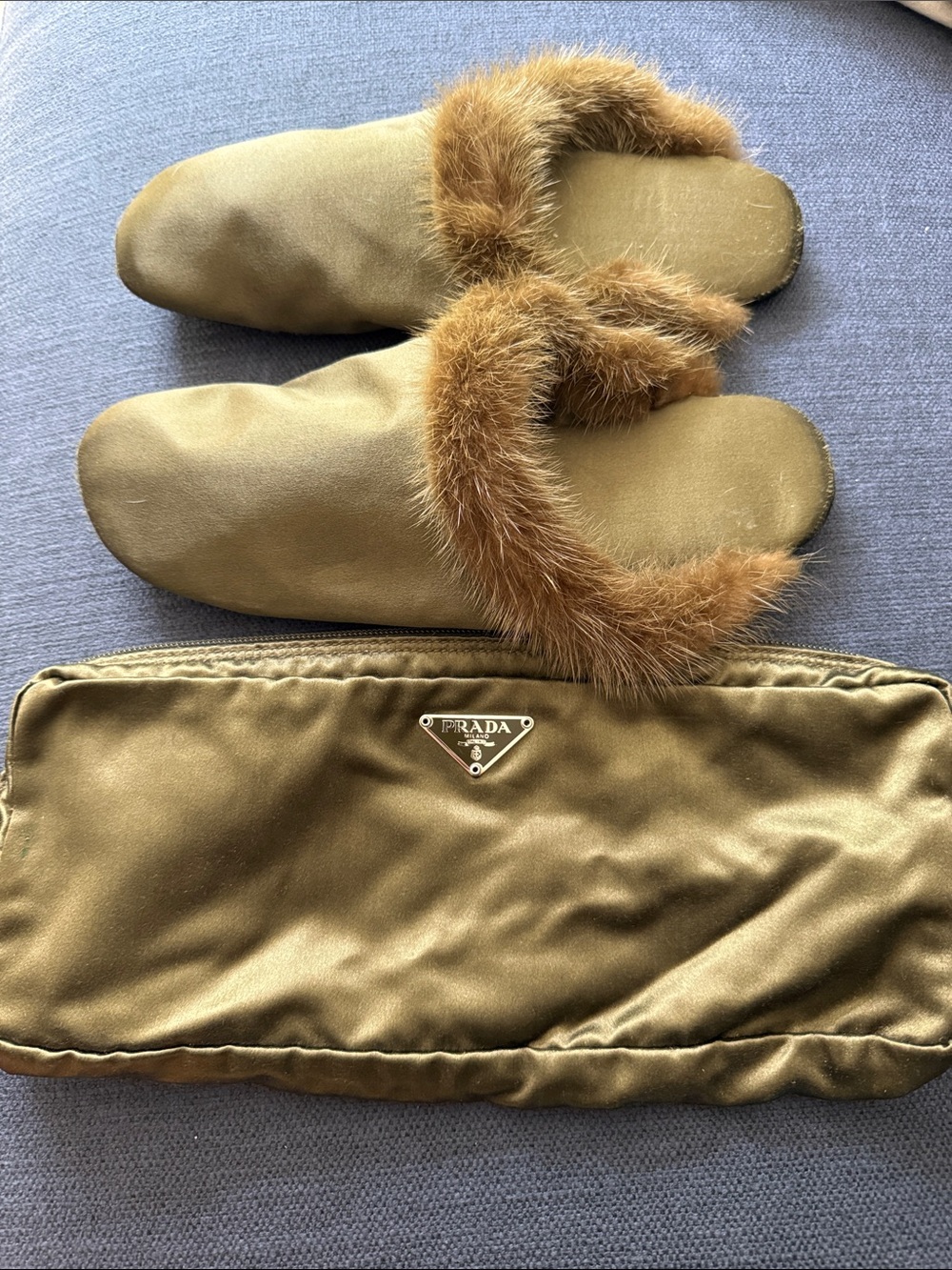 Vintage Prada 1990’s silk clutch and w/fur trim slipper set size 37